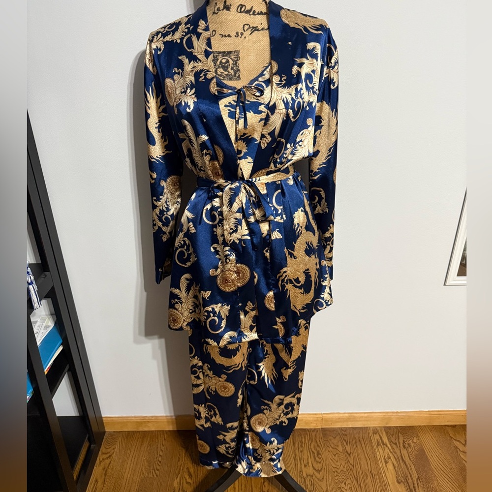 Elegant Blue and Gold Satin Pajama Set